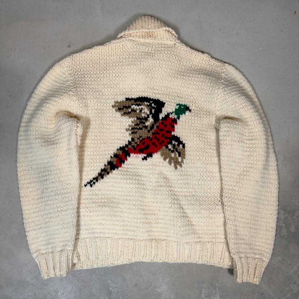 Vintage 50s 60s Cowichan Wool Cardigan Sweater Pheasant Bird Hand Knit Cream L